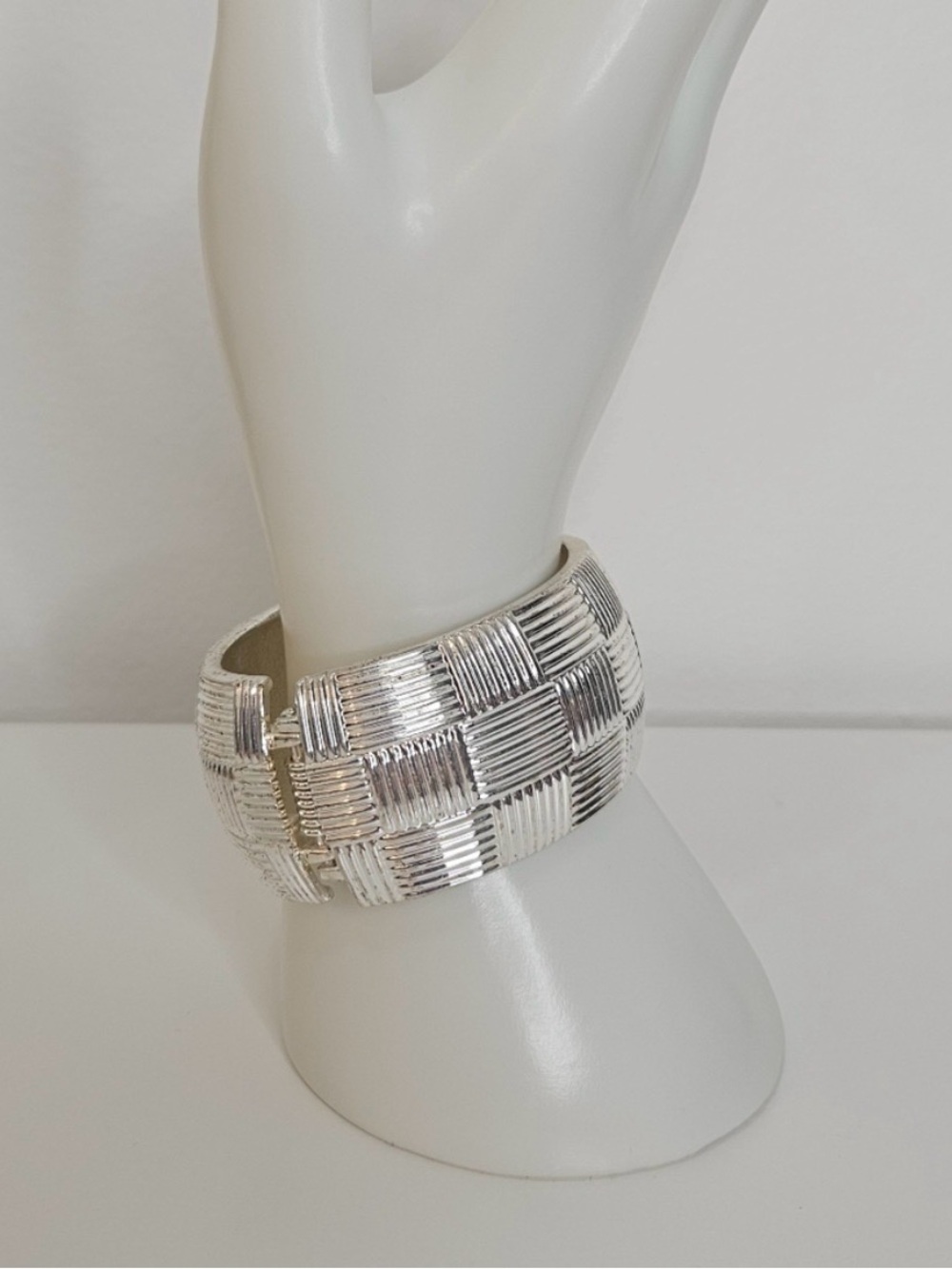 Vintage Silver Textured Checker Cuff Bracelet